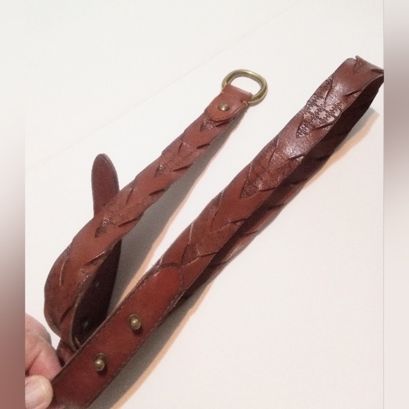 Fossil Belt Brown Leather Woven Braid Womens Sz L Brass Ring Bend Back Closure - Picture 1 of 9